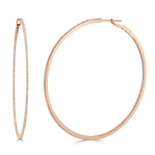 Load image into Gallery viewer, 14k Gold &amp; Diamond Skinny Hoop Earrings 2.5&quot;