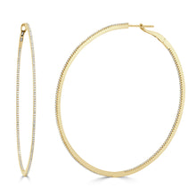 Load image into Gallery viewer, 14k Gold &amp; Diamond Skinny Hoop Earrings 2.5&quot;