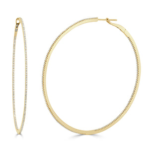 14k Gold & Diamond Skinny Hoop Earrings 2.5"