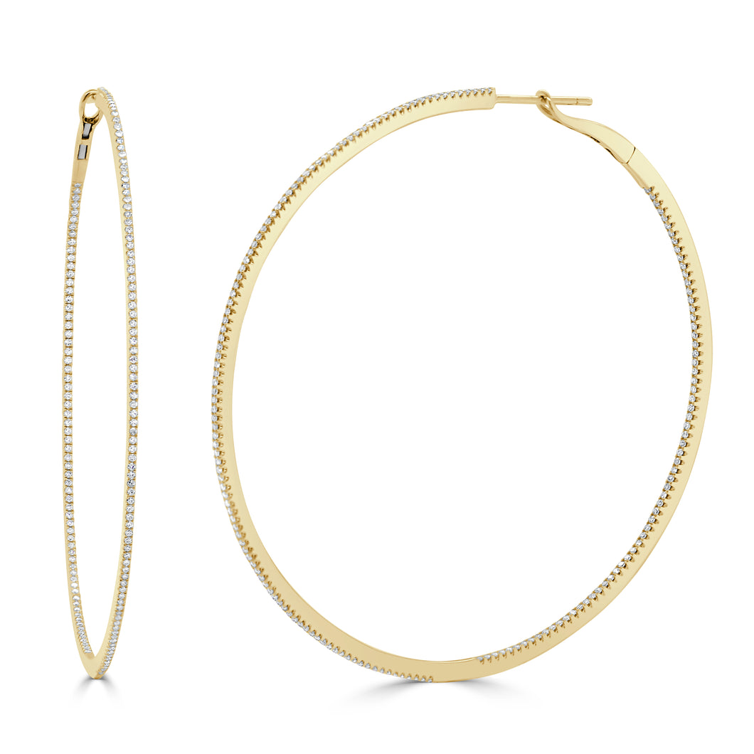 14k Gold & Diamond Skinny Hoop Earrings 2.5