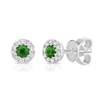 Load image into Gallery viewer, 14k Gold Green Emerald &amp; Diamond Round Stud Earrings