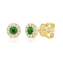 Load image into Gallery viewer, 14k Gold Green Emerald &amp; Diamond Round Stud Earrings