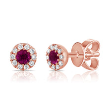 Load image into Gallery viewer, 14k Gold Ruby &amp; Diamond Round Stud Earrings