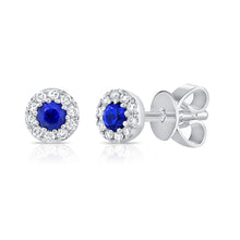 Load image into Gallery viewer, 14k Gold Blue Sapphire &amp; Diamond Round Stud Earrings