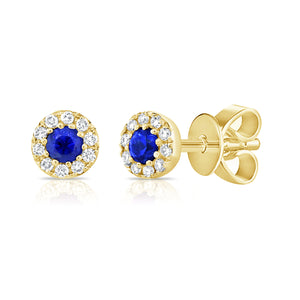 14k Gold Blue Sapphire & Diamond Round Stud Earrings