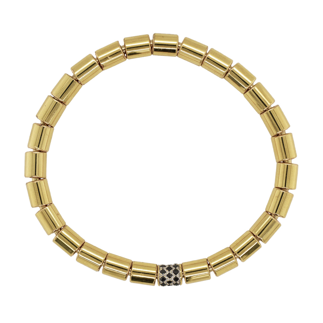 14k Gold & Black Diamond Solid Barrel Bead Stretch Bracelet