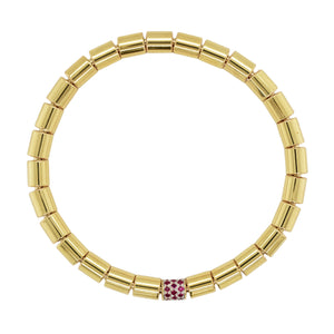 14K Gold Solid Barrel Bead Stretch Bracelet - Ruby