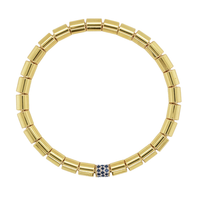 14K Gold & Blue Sapphire Solid Barrel Bead Stretch Bracelet