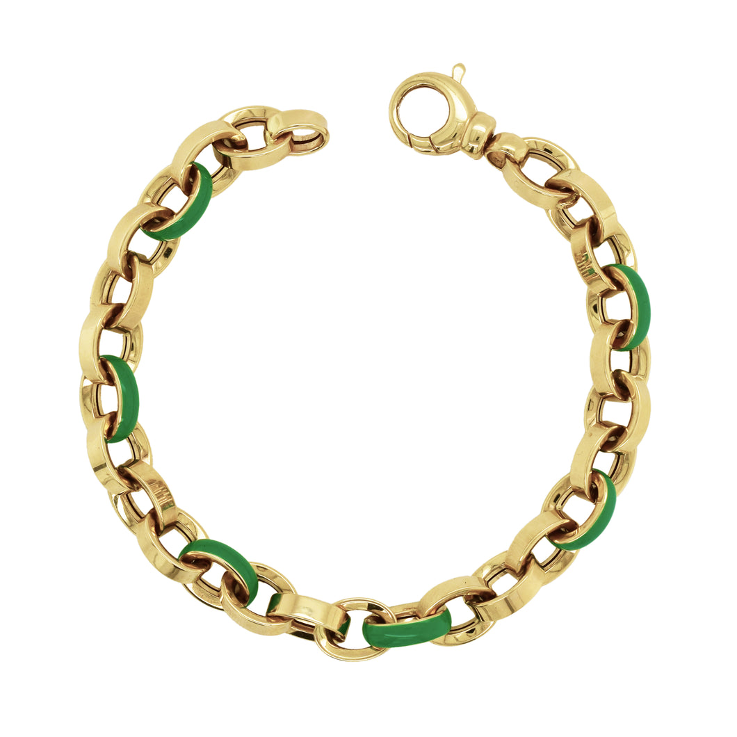 14K Yellow Gold Green Enamel Link Bracelet
