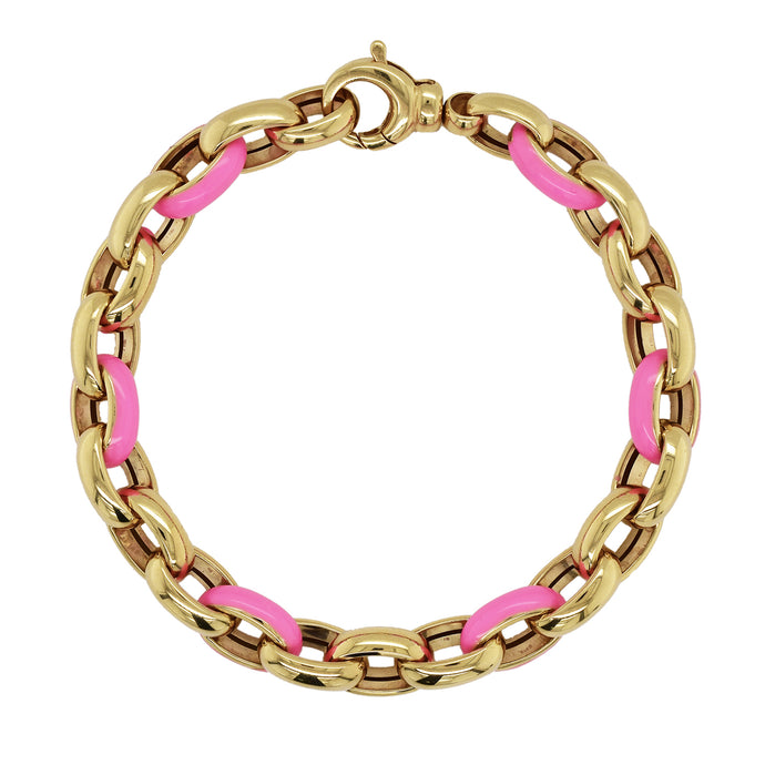 14k Gold Large Pink Enamel Link Bracelet