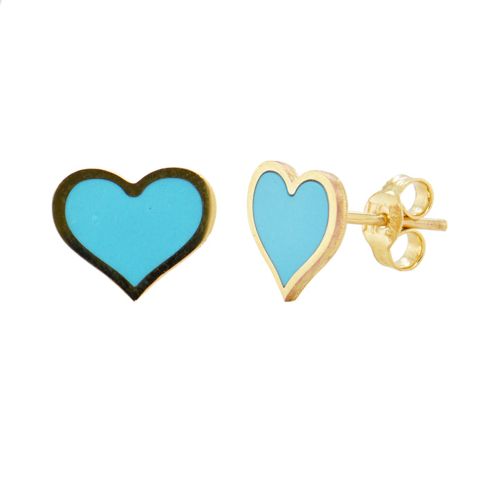 14K Gold Heart Stud Turquoise Stud Earrings
