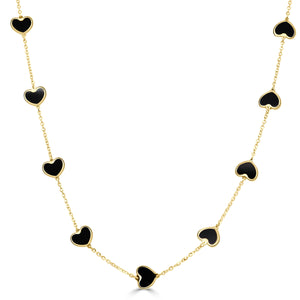 14k Gold & Onyx Heart Station Necklace