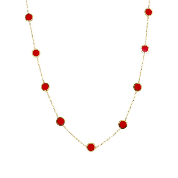 14k Gold & Coral Circle Station Inlay Necklace