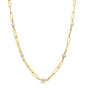 14K Gold & Pearl Station Paperclip Link Necklace