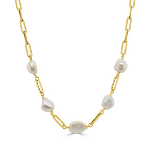 14K Gold & Pearl Station Paperclip Link Necklace