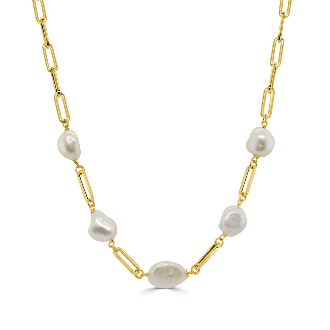 14K Gold & Pearl Station Paperclip Link Necklace