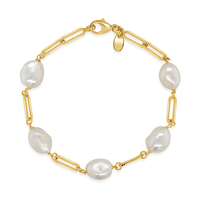 14K Gold & Pearl Station Paperclip Link Bracelet