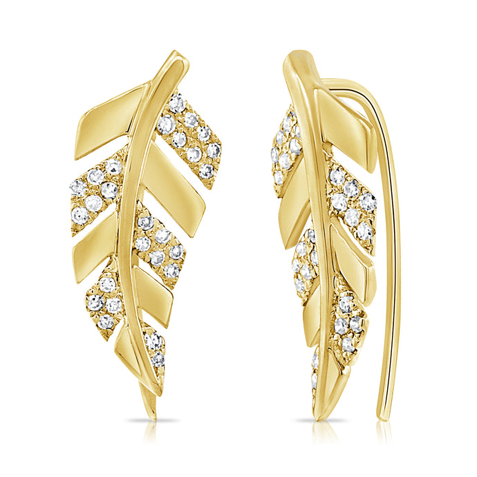 14K Gold & Diamond Feather Ear Climber Earrings