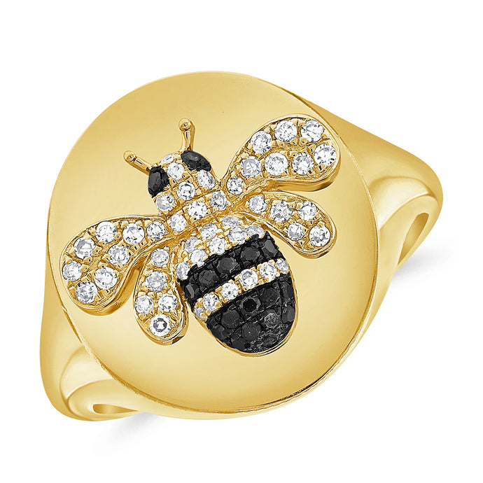 14K Gold Diamond & Black Diamond Bumble Bee Signet Ring