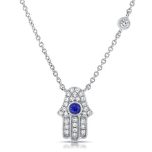 Load image into Gallery viewer, 14K Gold Sapphire &amp; Diamond Hand Hamsa Pendant