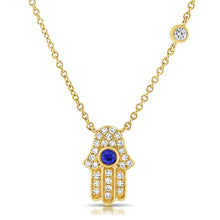 Load image into Gallery viewer, 14K Gold Sapphire &amp; Diamond Hand Hamsa Pendant