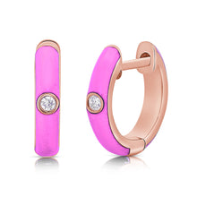 Load image into Gallery viewer, 14k Gold &amp; Pink Enamel Diamond Huggies