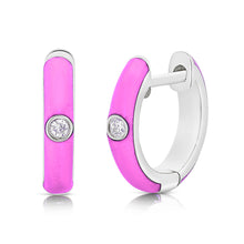 Load image into Gallery viewer, 14k Gold &amp; Pink Enamel Diamond Huggies