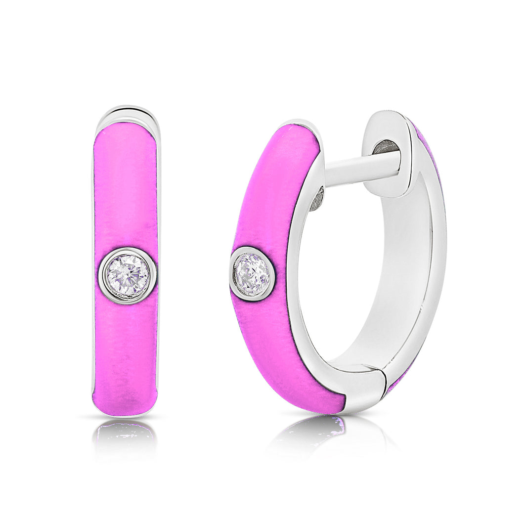 14k Gold & Pink Enamel Diamond Huggies