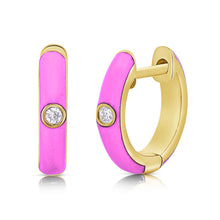 Load image into Gallery viewer, 14k Gold &amp; Pink Enamel Diamond Huggies