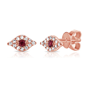 14k Gold & Diamond Ruby Evil Eye Studs