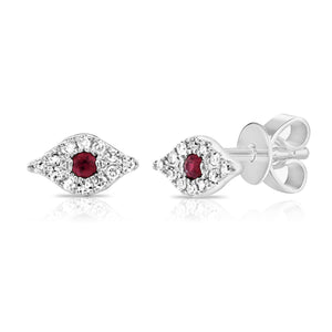 14k Gold & Diamond Ruby Evil Eye Studs