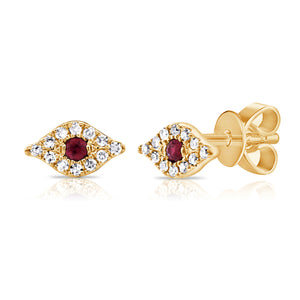 14k Gold & Diamond Ruby Evil Eye Studs