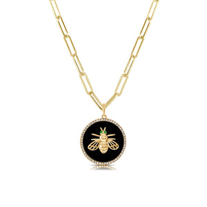14k Gold Black Agate & Diamond Dragon Fly Disc Charm
