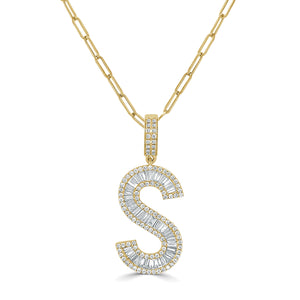 14k Gold & Baguette Diamond Large Initial Pendant