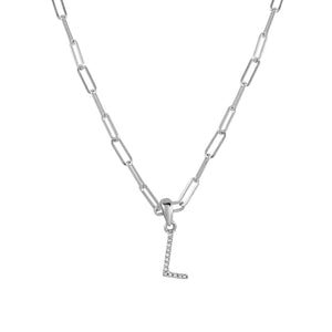 14k White Gold & Diamond Paperclip Initial Necklace