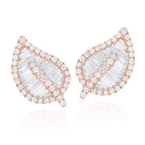 14k Gold & Baguette Diamond Leaf Stud Earrings