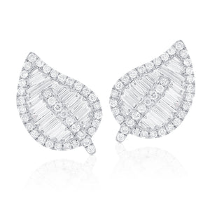 14k Gold & Baguette Diamond Leaf Stud Earrings