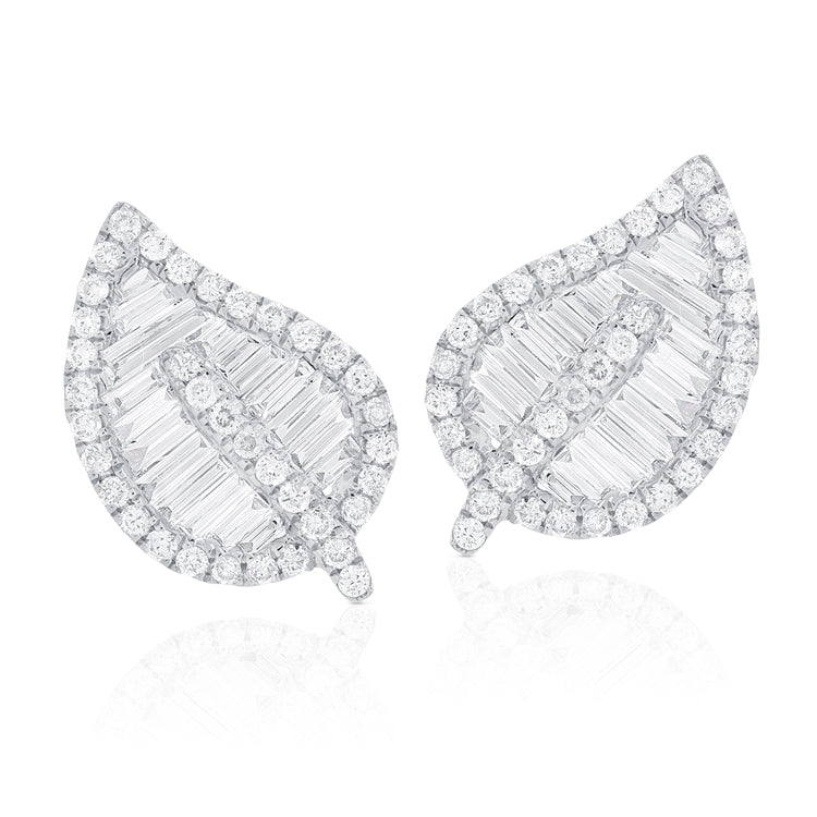14k Gold & Baguette Diamond Leaf Stud Earrings
