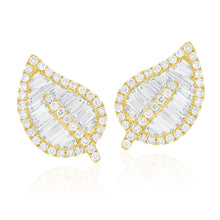 Load image into Gallery viewer, 14k Gold &amp; Baguette Diamond Leaf Stud Earrings