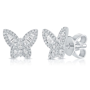 14k Gold & Baguette Diamond Butterfly Stud Earrings