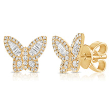 Load image into Gallery viewer, 14k Gold &amp; Baguette Diamond Butterfly Stud Earrings