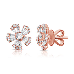 14k Gold & Diamond Baguette Flower Stud Earrings