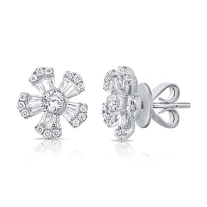 14k Gold & Diamond Baguette Flower Stud Earrings