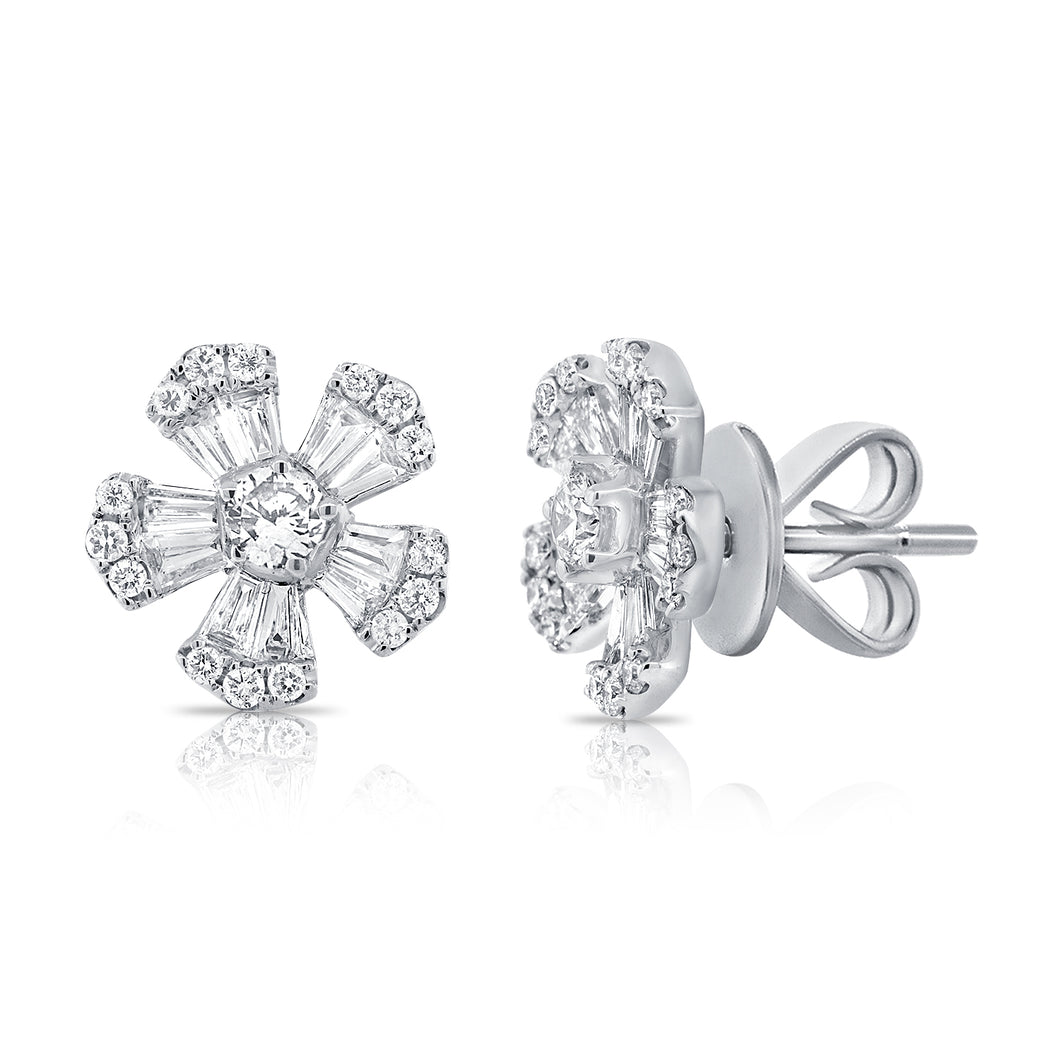 14k Gold & Diamond Baguette Flower Stud Earrings