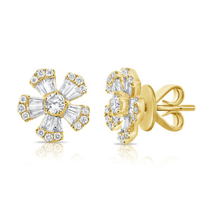 14k Gold & Diamond Baguette Flower Stud Earrings