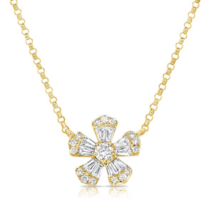 14k Gold & Baguette Diamond Flower Necklace