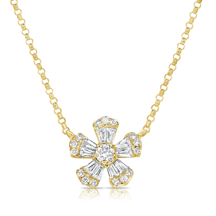 14k Gold & Baguette Diamond Flower Necklace