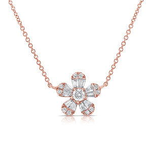 14k Gold & Diamond Baguette Flower Necklace
