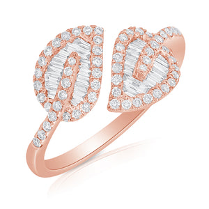 14k Gold & Baguette Diamond Open Double Leaf Ring