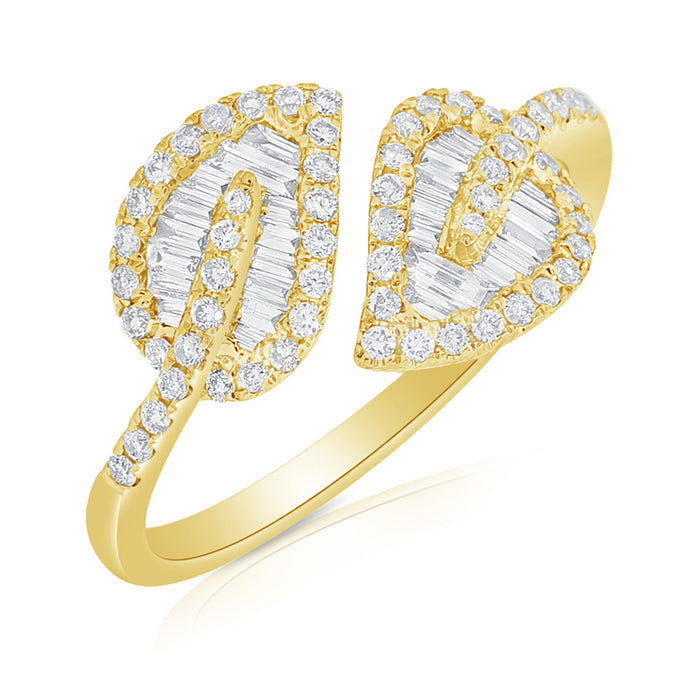 14k Gold & Baguette Diamond Open Double Leaf Ring